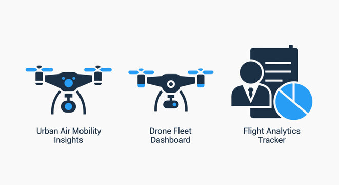Drone operations and flight analytics icons set with technology analytics business monitoring quadcopter software technical automation management reporting tracking information innovation