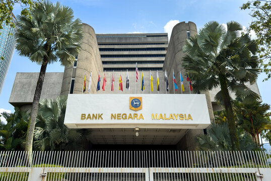Bank Negara Malaysia Headquarters Building with National and State Flags in Kuala Lumpur