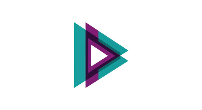 Abstract geometric play button logo with teal and purple layered triangles on white background