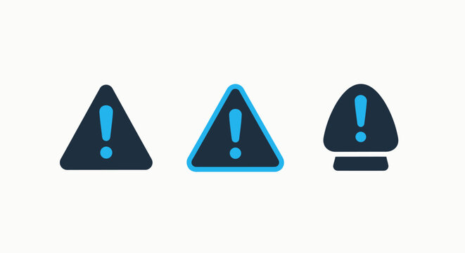 Set of warning and alert notification icons in blue and dark gray with notification attention triangle information interface elements critical problems technical indicator abstract alerting