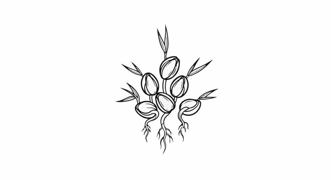 A cluster of bean sprouts with visible roots and leaves, rendered in black and white