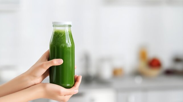 Fresh green juice in clear bottle, held gently