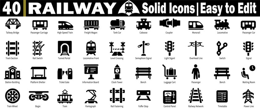 Railway icons set. Including bridge passenger carriage, high-speed train, freight wagon, tank car, caboose coupler, monorail locomotive, and track section, vector illustration.