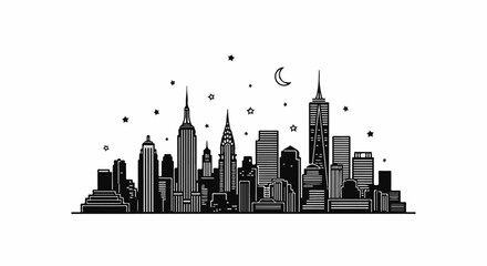 Obraz premium Stylized black and white skyline with moon and stars