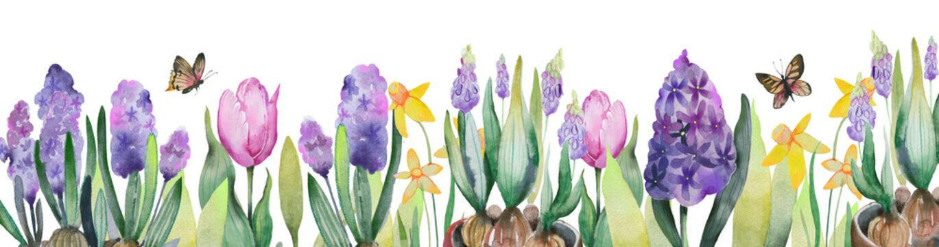 Decorative composition of spring flowers including tulips, crocus, daffodils and hyacinths arranged as a floral garden border. Ideal for greeting cards, seasonal backgrounds and nature themed designs.