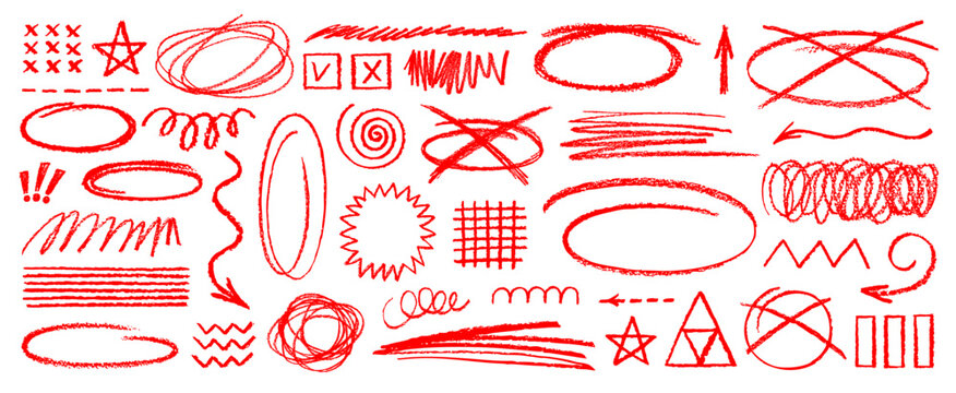 Hand drawn red oval, arrow, emphasis, x. Pencil marks with check symbols create emphasis for important notes, featuring sketchy strokes, circles, and underlines in vibrant crayon style. Red oval bg