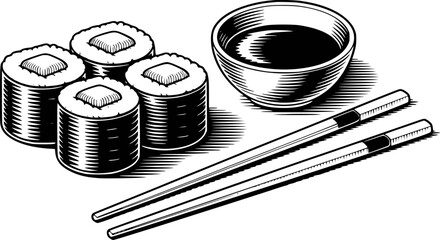 Black and white engraving style sushi rolls with soy sauce and chopsticks white background © Enayet