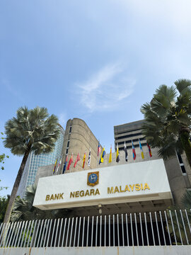 Bank Negara Malaysia Headquarters Building with National and State Flags in Kuala Lumpur