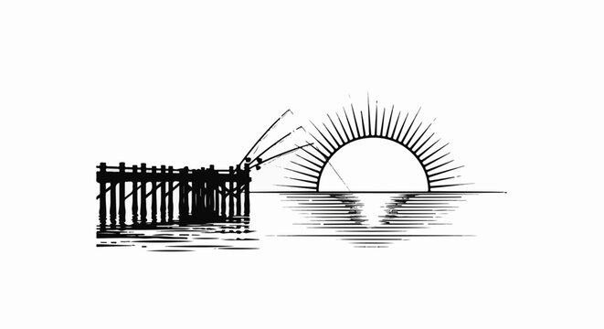 A stylized sunrise over water with a pier and fishing rods extending