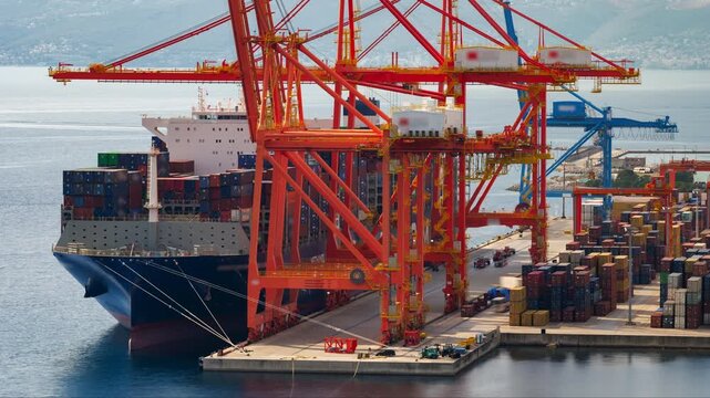 Timelapse of a cargo ship docked at a bustling port, with large quay cranes actively offloading containers onto semi-trucks, showcasing global shipping trade operations.