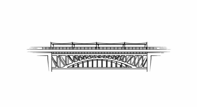 Sketch of a multi-level steel truss bridge with overhead suspension