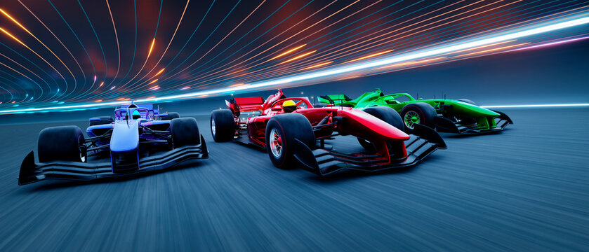 3d Racing cars speeding on track with motion blur effects