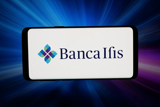Stuttgart, Germany - 04-09-2026: In this photo illustration, the logo of Italian financial company Banca Ifis S.p.A. is displayed on a smartphone in front of abstract background on computer screen.