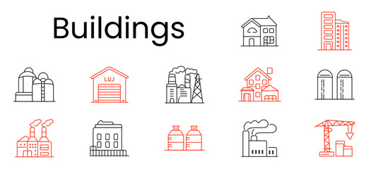 Buildings architecture set icon. House, apartment block, factory plant, warehouse, silos, office building, crane construction, industrial structures in outline red black style. © Кирилл Макаров