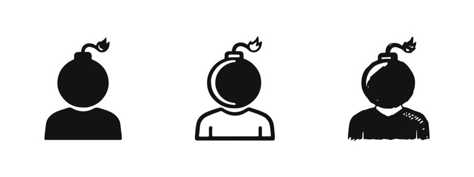 Person with bomb head symbol for stress and anger icons set