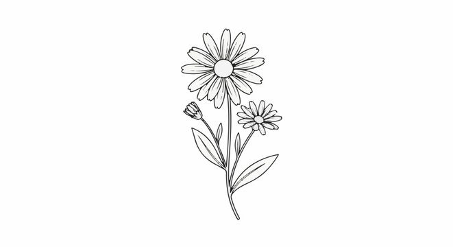 Delicate line drawing of three daisy flowers and buds on stems