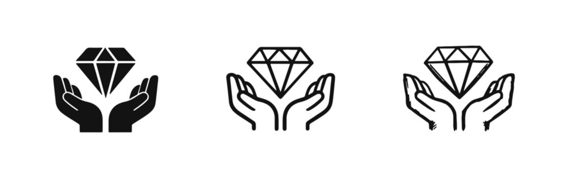 Hands holding a diamond precious gem icons set