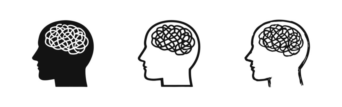 Silhouette of human head with tangled messy thoughts icons set