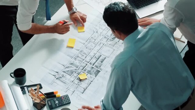 Top view of professional architect engineer team writing sticky notes and sticking note at meeting table while interior designer talking and discussing about building exterior designing. Alimentation.