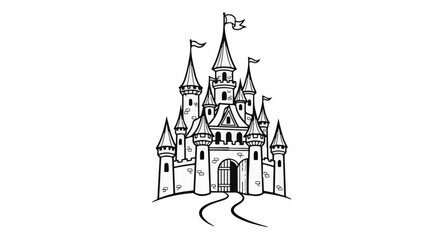 Fototapeta premium Ornate, fairytale castle with multiple towers, flags, and an arched gateway