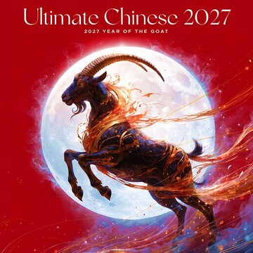 Year of the goat 2027 chinese horoscope zodiac animal with fiery mane and moon background fantasy art zodiac sign horoscope astrology celebration traditional calendar mythology