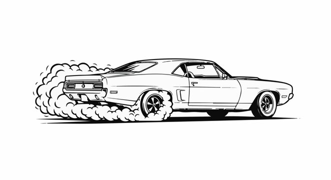 Classic car performing a burnout, creating a cloud of smoke