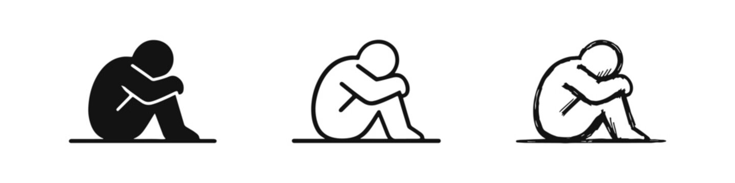 Person curled up in fetal position sadness icons set
