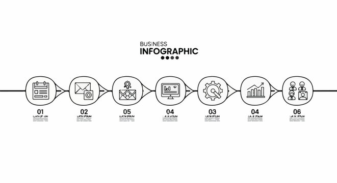 Business infographic with icons representing stages of progress and data visualization