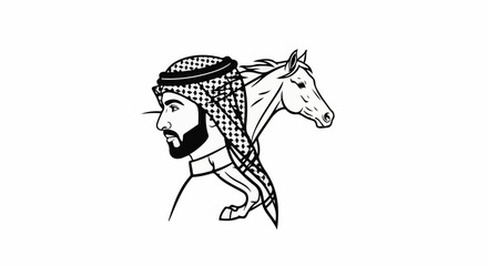 Fototapeta premium Profile of a man in traditional headwear with a horse emerging behind him