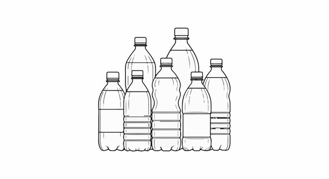 An artistic sketch of seven clear plastic bottles, some with ribbed sides