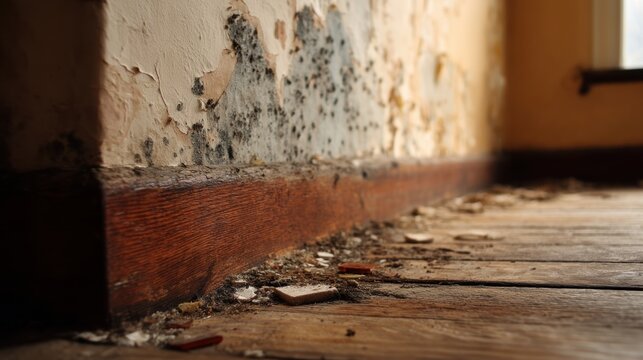 Black mold growing on damp interior wall and deteriorating wooden floor. Dangerous fungus infestation inside damaged building. Home maintenance and health hazard concept of sanitation.