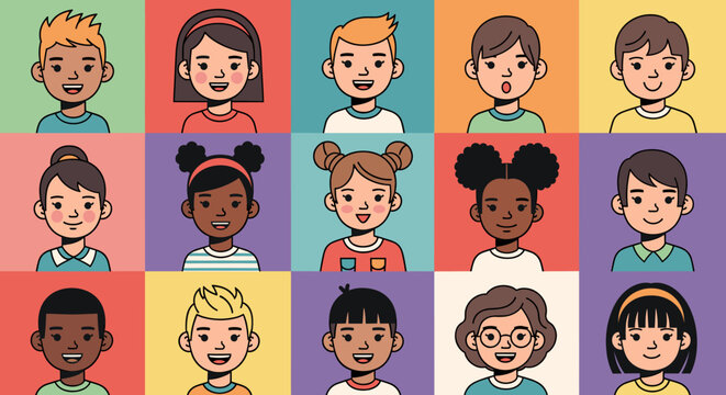 A vibrant grid of diverse cartoon children's portraits, each with unique hairstyles and expressions, set against colorful backgrounds.
