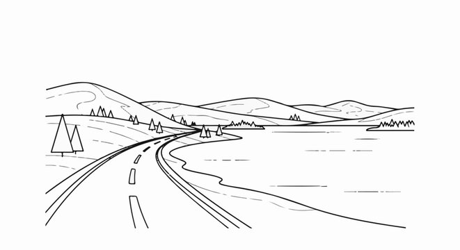 A winding road leads towards a serene lake bordered by rolling hills and scattered trees