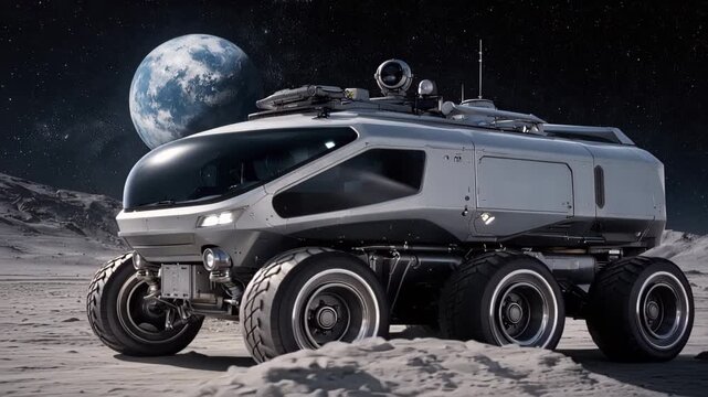 Futuristic rover stands on the lunar surface with Earth visible in the background under a starry sky.