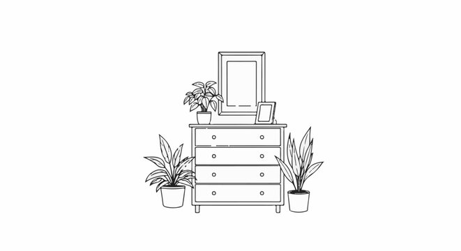 A sketch of a dresser with plants and picture frames