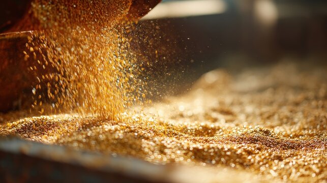 Golden wheat grains pouring into pile. Cereal harvest processing at factory. Agricultural produce storage and sustainable food production industry concept. Raw grain organic ingredient.