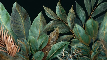 Obraz premium Tropical leaves with golden veins on black background. Botanical illustration of exotic forest foliage. Decorative luxury plant pattern for wallpaper, textile design and interior decor.