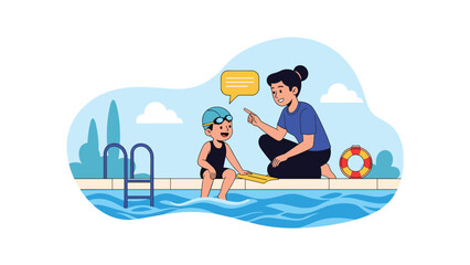 Obraz premium Professional female instructor teaching a young child how to swim while sitting at the edge of a bright blue swimming pool.