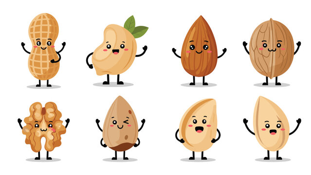Collection of cute cartoon nut and seed characters with happy faces including peanuts, almonds, walnuts, and cashews waving their hands.