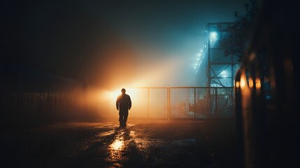 Fototapeta premium Sicherheitsmitarbeiter patrouilliert nachts auf Industrieanlage im Nebel