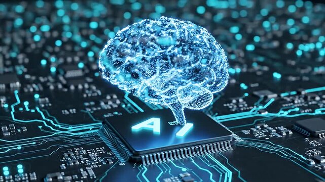 Artificial intelligence brain on microchip with glowing circuit board