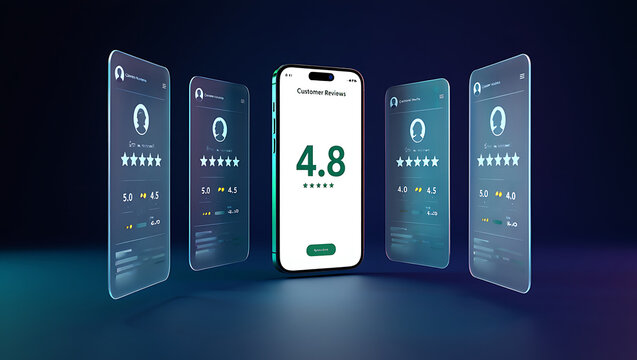 Mobile app ratings, 4.8 stars, smartphone screens, user reviews, rating system, app store feedback