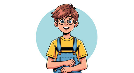 A cheerful young boy with brown hair, glasses, and blue overalls stands against a light blue circular background. © Merah