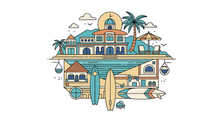 Naklejka premium Tropical island scene with surfboards and beach houses.