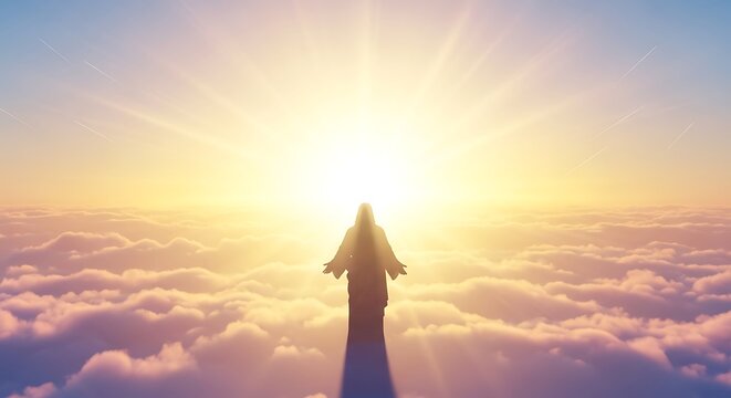 Jesus Christ statue stands above clouds at sunrise with outstretched arms