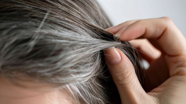 A close-up of a hand touching gray hair. The hair appears healthy and shiny. The background is neutral and blurred, emphasizing the hair texture.