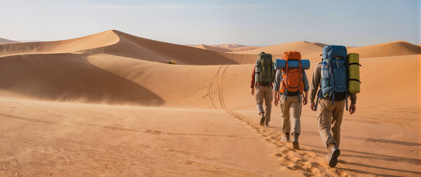 Group of hikers with backpacks walking across desert sand dunes, exploring remote landscape, footprints in sand, adventure and travel
