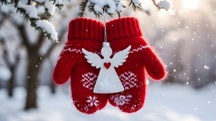 Fototapeta premium Angel ornament hanging in front of red mittens on snow branch. Christmas tradition and winter warmth concept. Winged figure and wool gloves hanging in garden