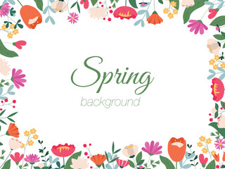 Fototapeta premium Spring banner decorated with blooming flowers and leaves. Floral backdrop. Flat vector illustration on a white background