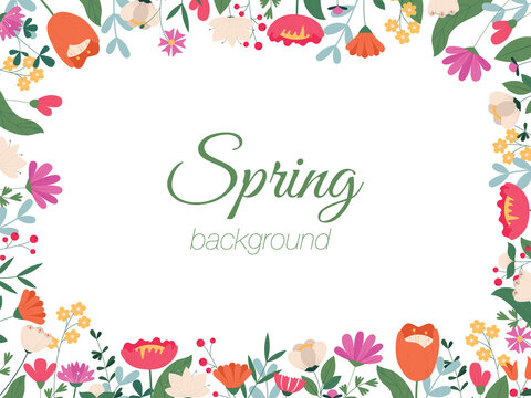 Spring banner decorated with blooming flowers and leaves. Floral backdrop. Flat Illustration on a transparent background on a white background